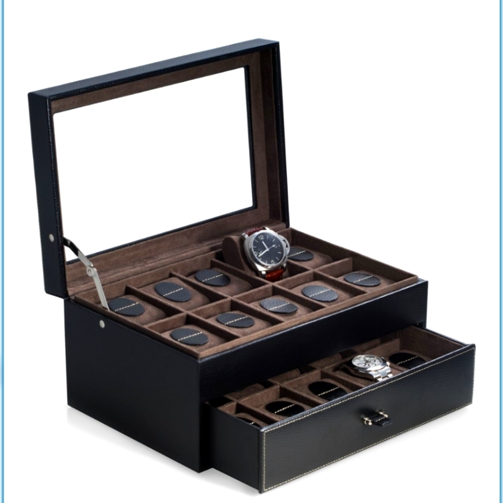 Bey-Berk Black Pebbled Leather 20 Watch Case with Glass See-thru Top and Drawer.